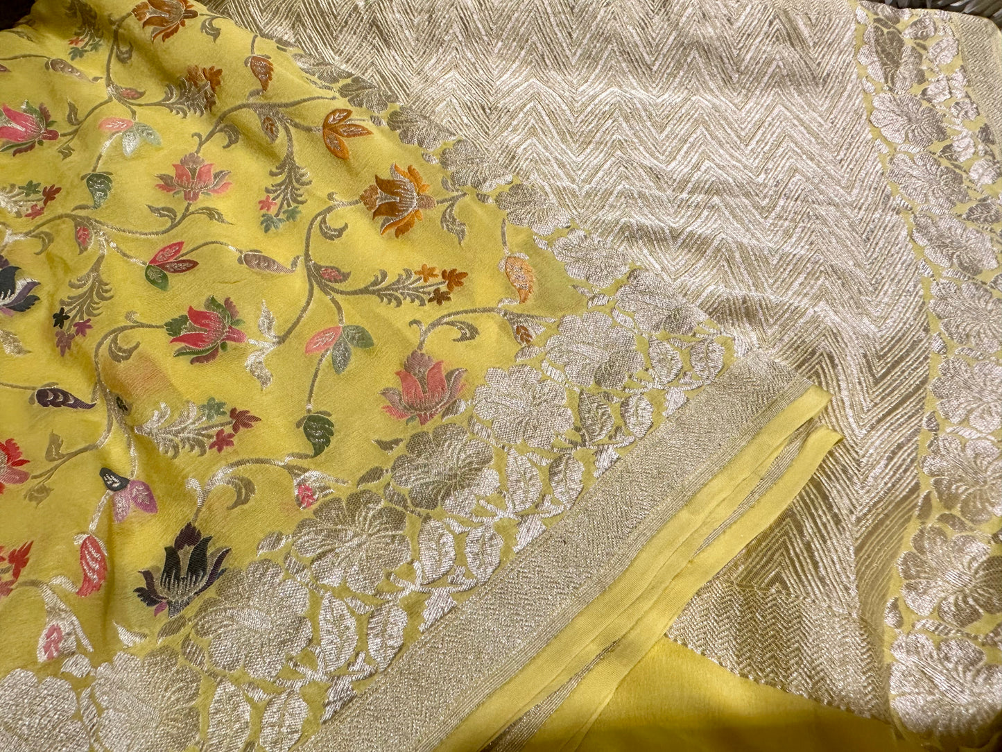 YELLOW PURE KHADDI GEORGETTE WITH MEENAKARI WORK