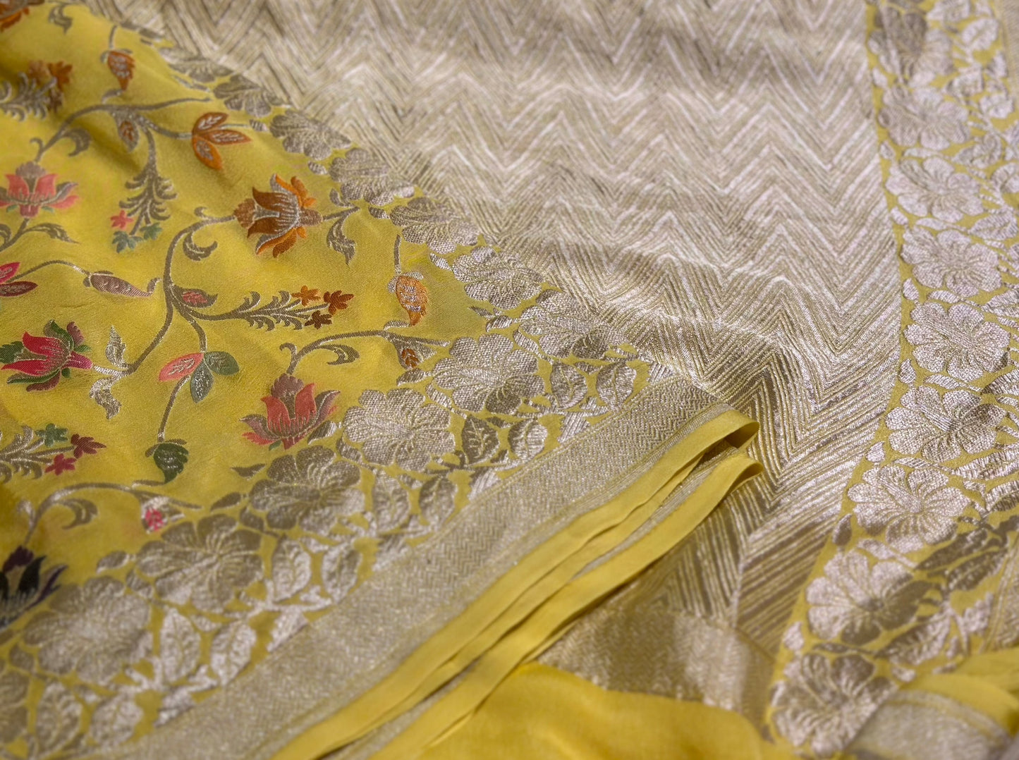 YELLOW PURE KHADDI GEORGETTE WITH MEENAKARI WORK