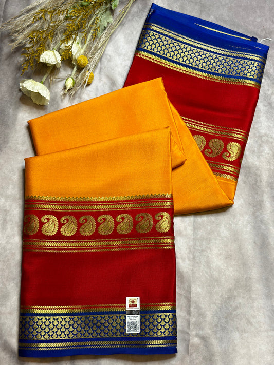 Orange-deep maroon -navy blue pure crepe 3D big bentex saree