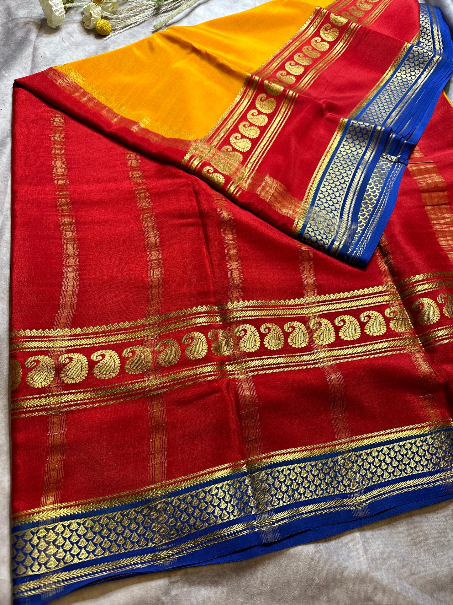 Orange-deep maroon -navy blue pure crepe 3D big bentex saree