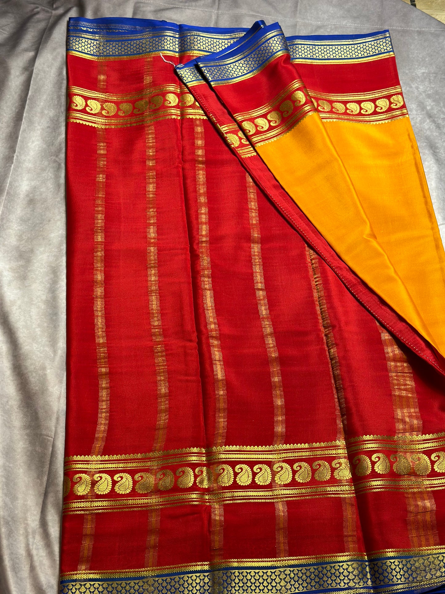 Orange-deep maroon -navy blue pure crepe 3D big bentex saree