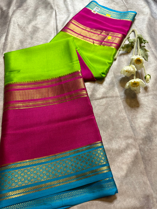 PARROT GREEN PURE CREPE 3D BIG BENTEX SAREE