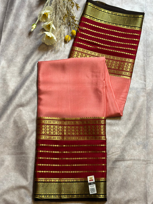 Peach Pink- red wine- black pure crepe 3D big bentex lines saree