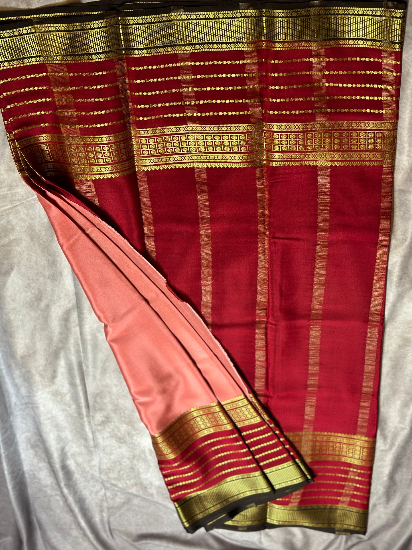 Peach Pink- red wine- black pure crepe 3D big bentex lines saree