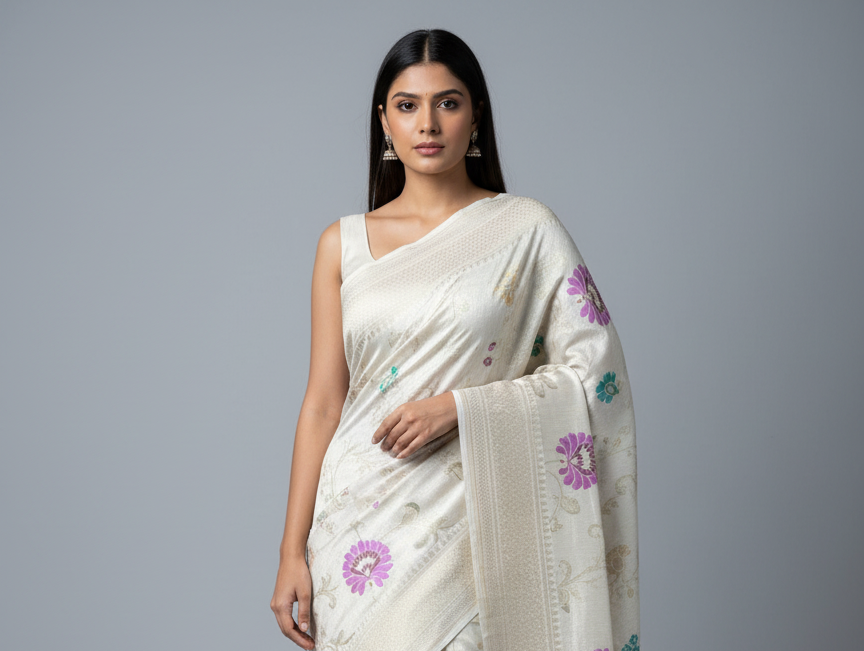 OFF- WHITE TISSUE TUSSAR SAREE