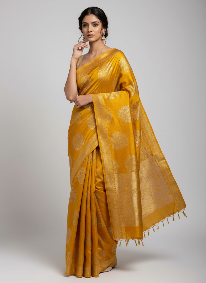YELLOW PURE MATKA TUSSAR SAREE