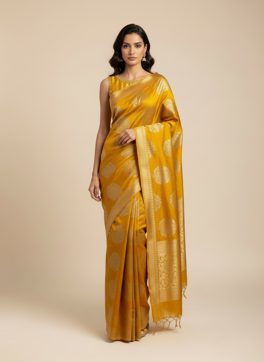 YELLOW PURE MATKA TUSSAR SAREE