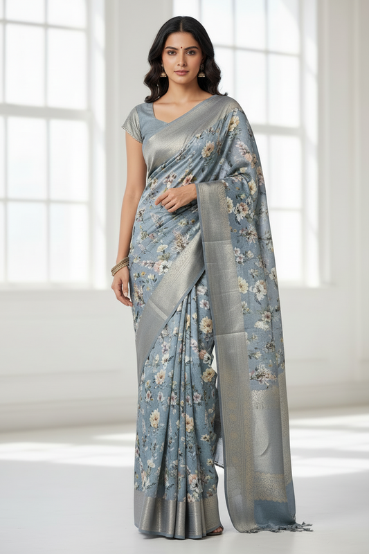 Blue digital printed tussar saree