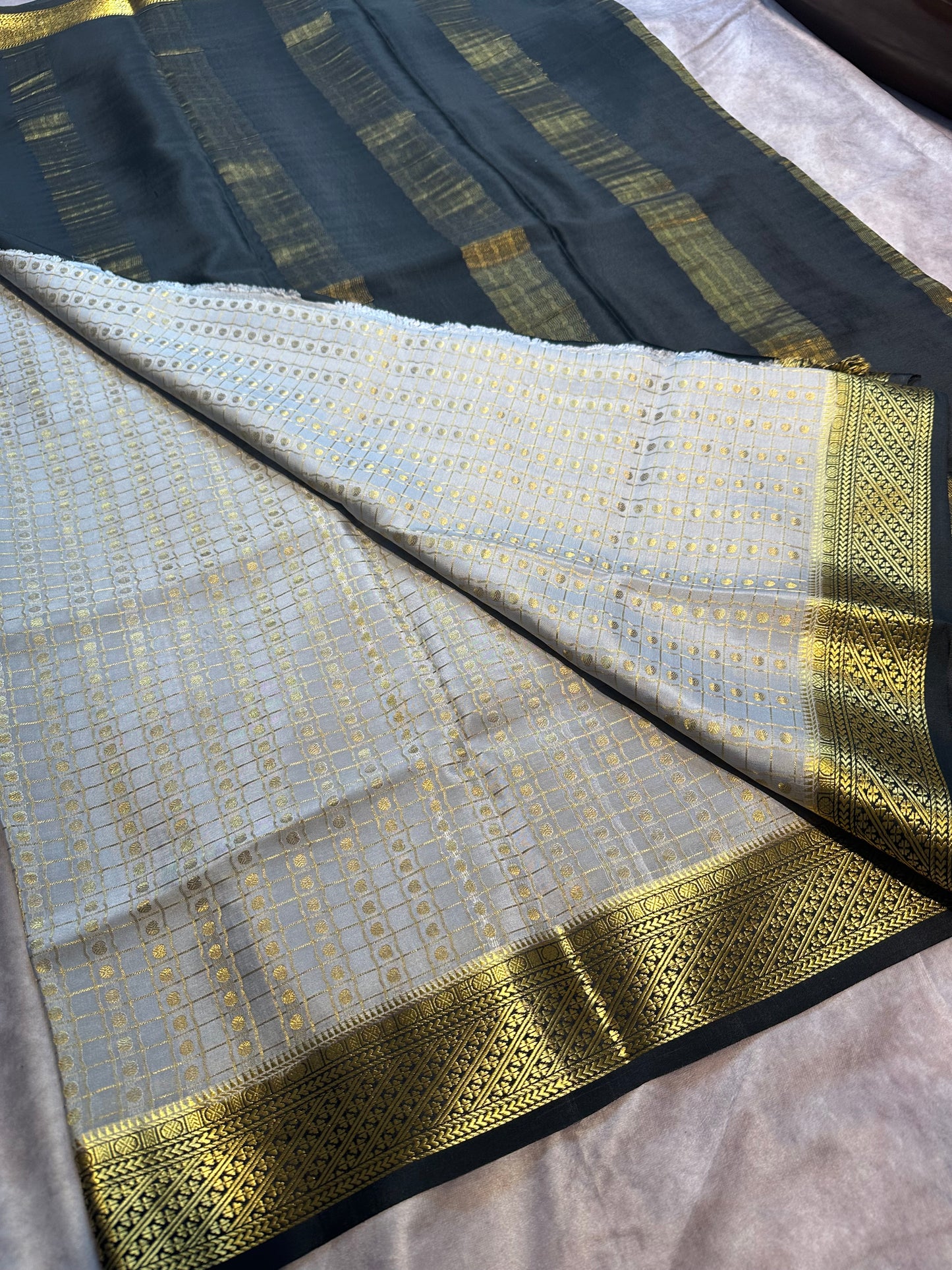 GREY- BLACK PURE POLKA CHECKS PURE CREPE SAREE