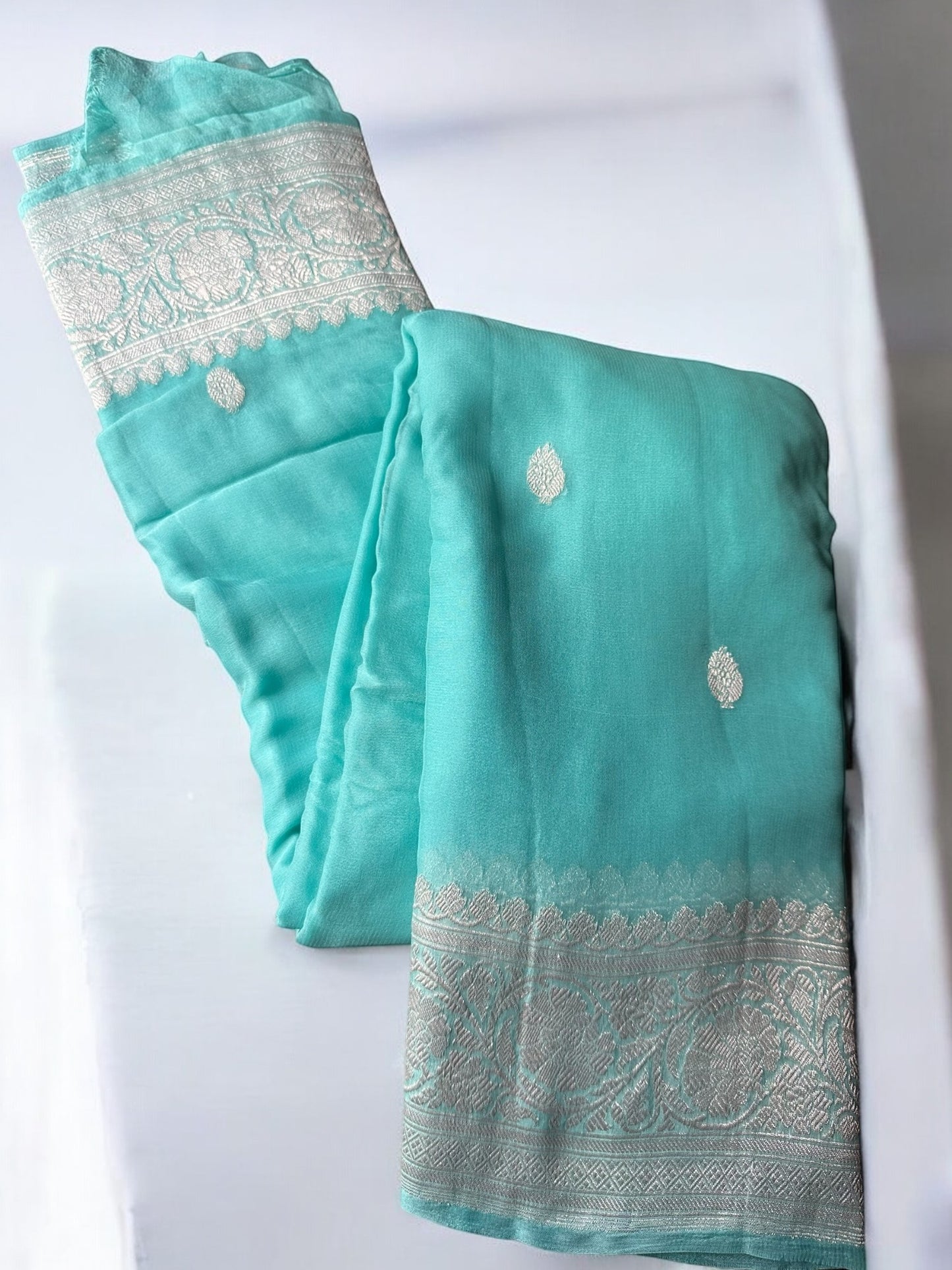 SEA BLUE CHIFFON GEORGETTE WITH SILVER BUTTA SAREE (Copy)