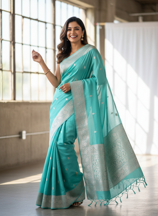 SEA BLUE CHIFFON GEORGETTE WITH SILVER BUTTA SAREE