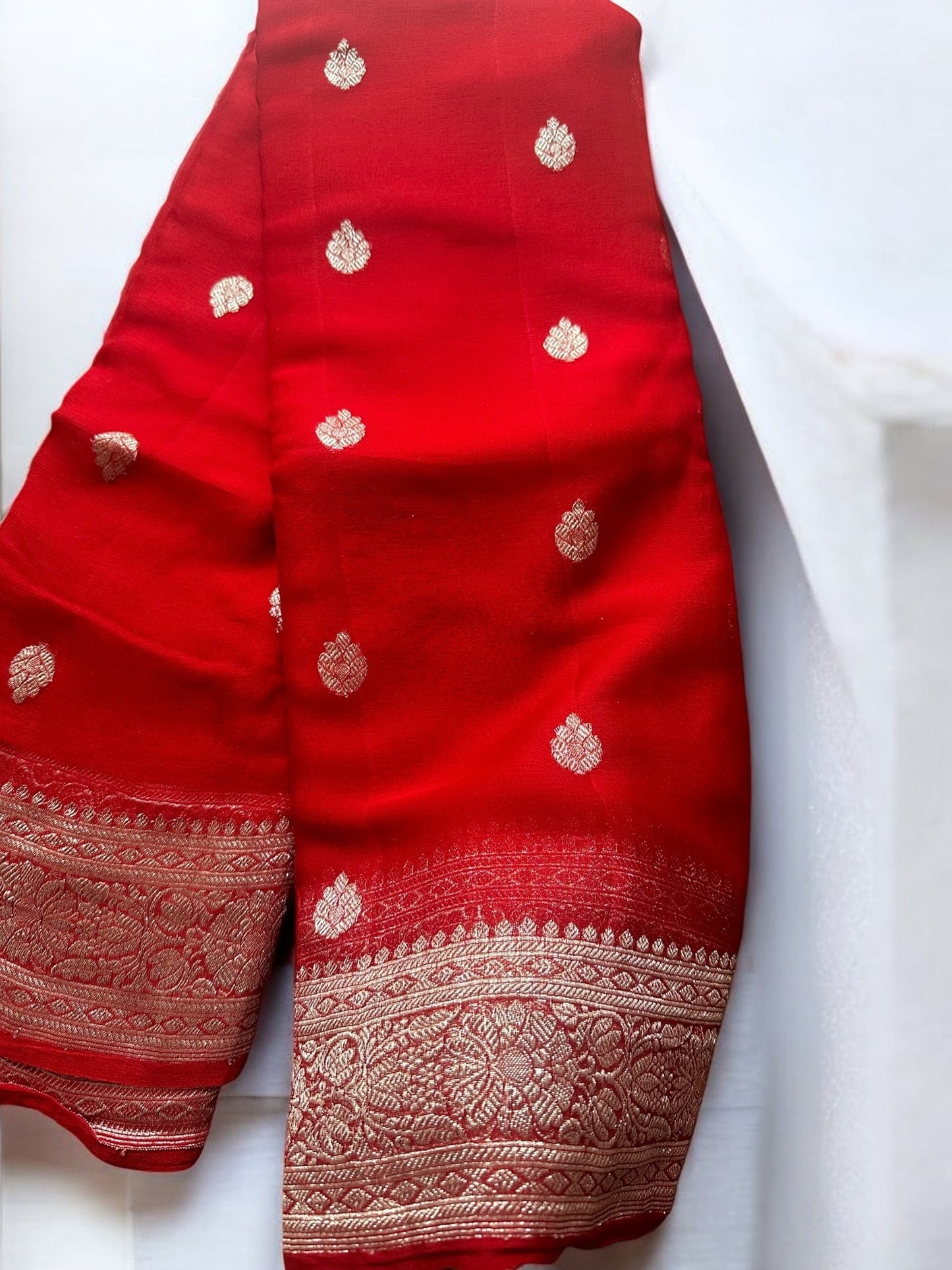 RED CHIFFON GEORGETTE WITH SILVER BUTTA SAREE