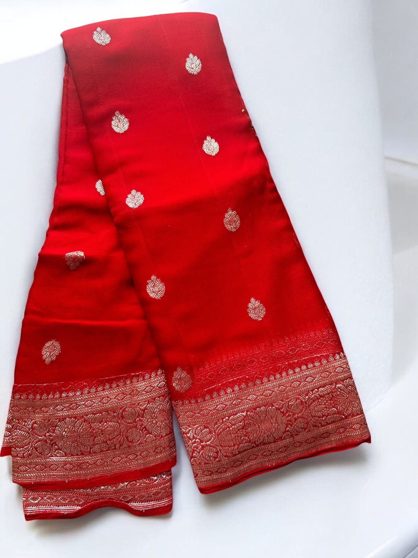 RED CHIFFON GEORGETTE WITH SILVER BUTTA SAREE