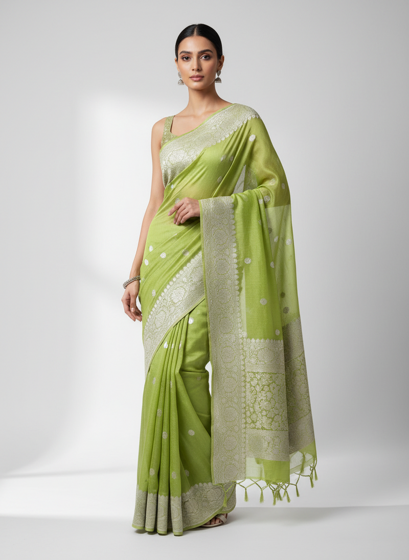 PISTA GREEN CHIFFON GEORGETTE WITH SILVER BUTTA SAREE