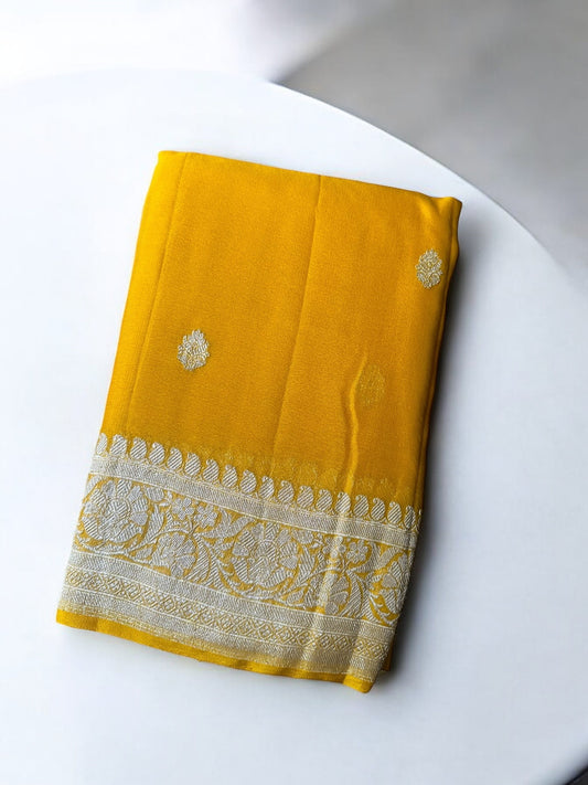 MUSTARD YELLOW CHIFFON GEORGETTE WITH SILVER BUTTA SAREE