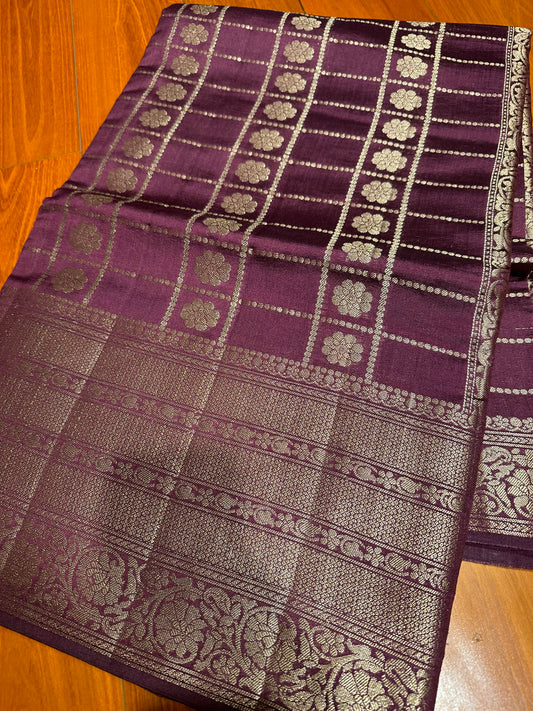 BROWN BUTTA CHECKS PURE CHINIYA SILK SAREE