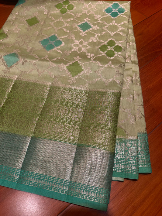 GREEN-BUE PURE CHINIYA SILK SAREE