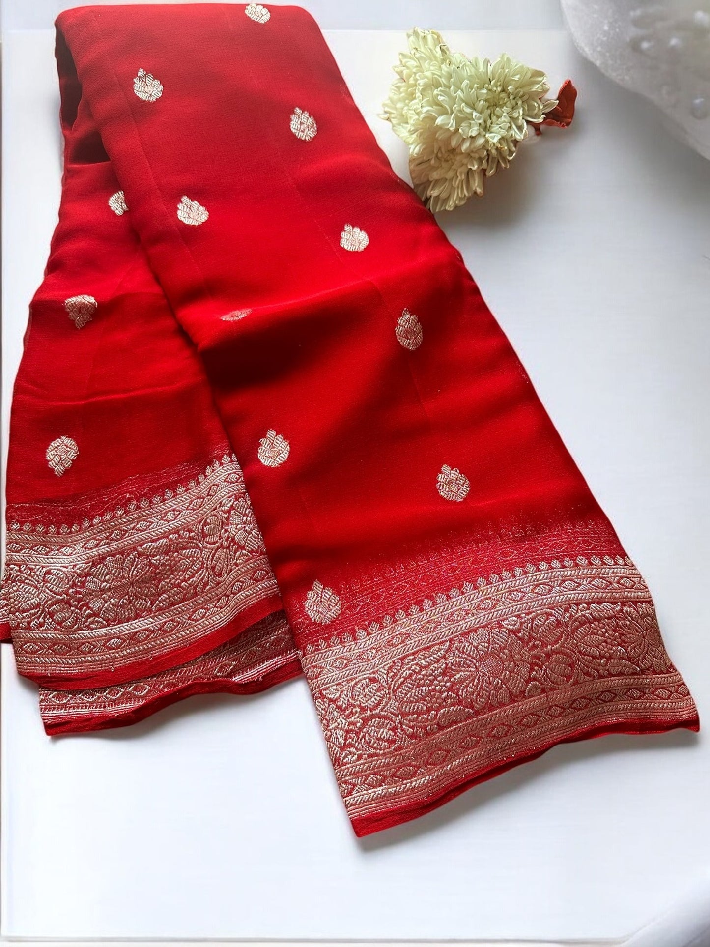 RED CHIFFON GEORGETTE WITH SILVER BUTTA SAREE