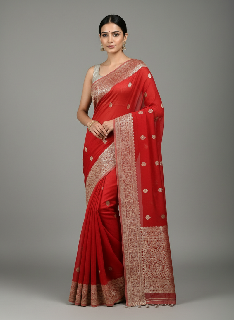 RED CHIFFON GEORGETTE WITH SILVER BUTTA SAREE