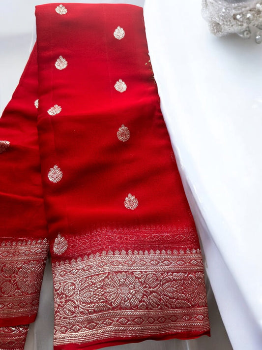 RED CHIFFON GEORGETTE WITH SILVER BUTTA SAREE