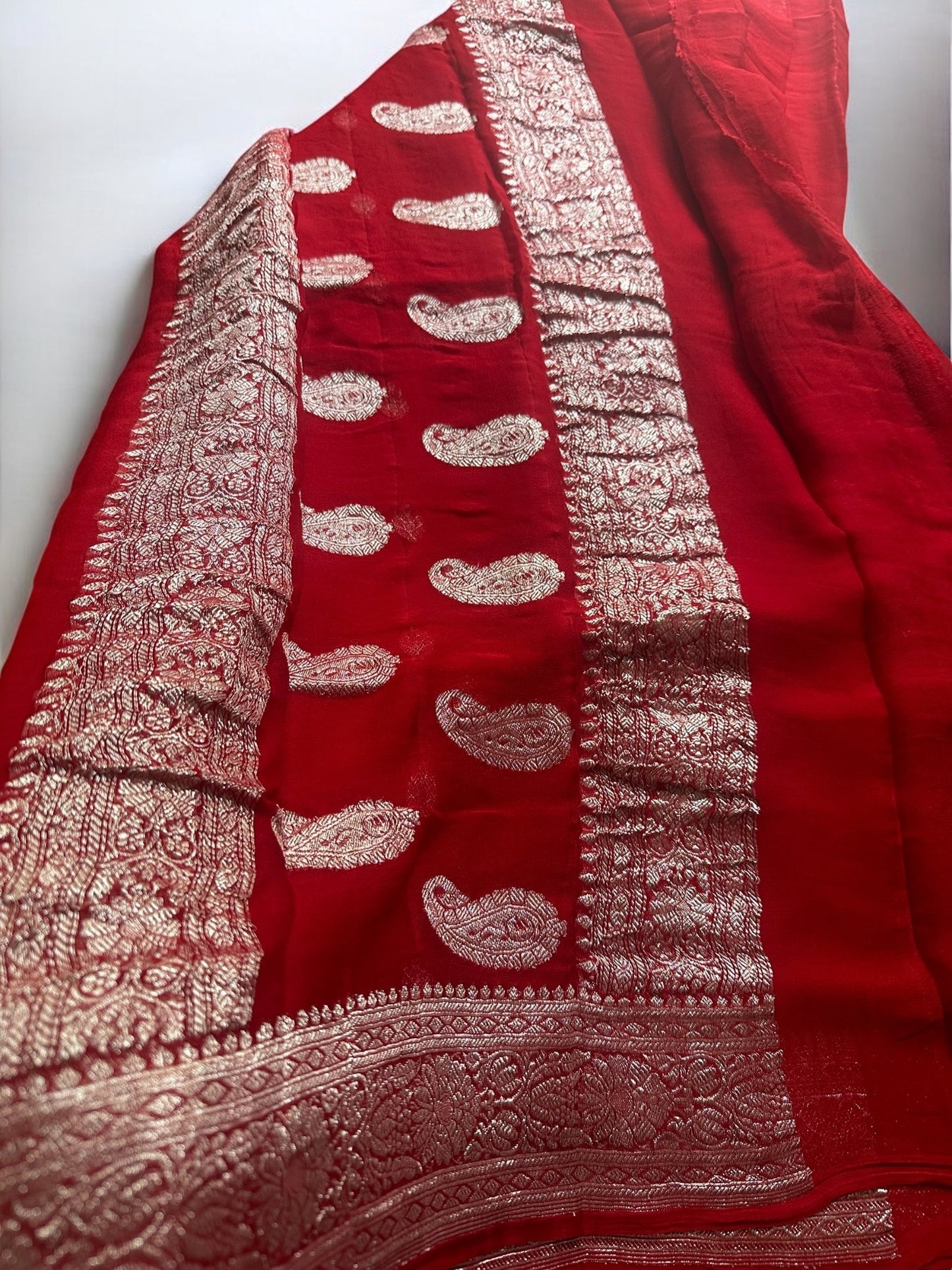 RED CHIFFON GEORGETTE WITH SILVER BUTTA SAREE