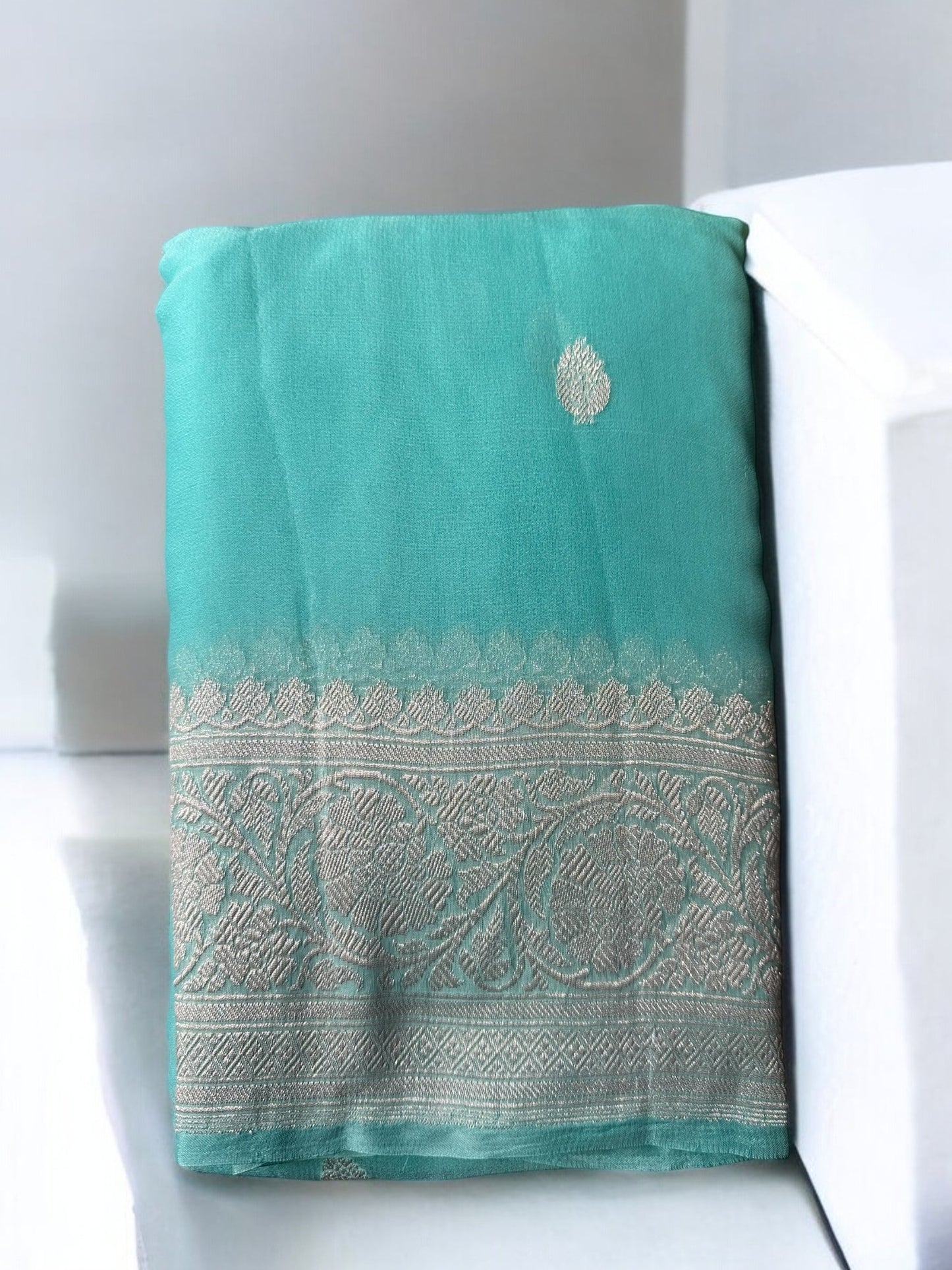 SEA BLUE CHIFFON GEORGETTE WITH SILVER BUTTA SAREE (Copy)