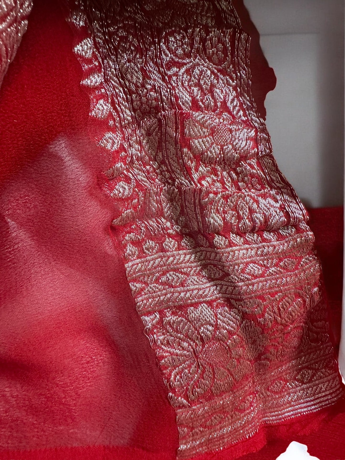 RED CHIFFON GEORGETTE WITH SILVER BUTTA SAREE