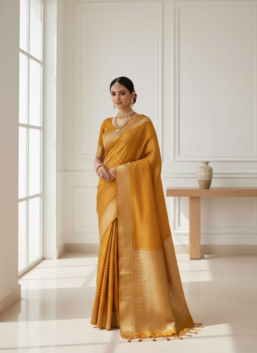 Mustard yellow organza checks saree