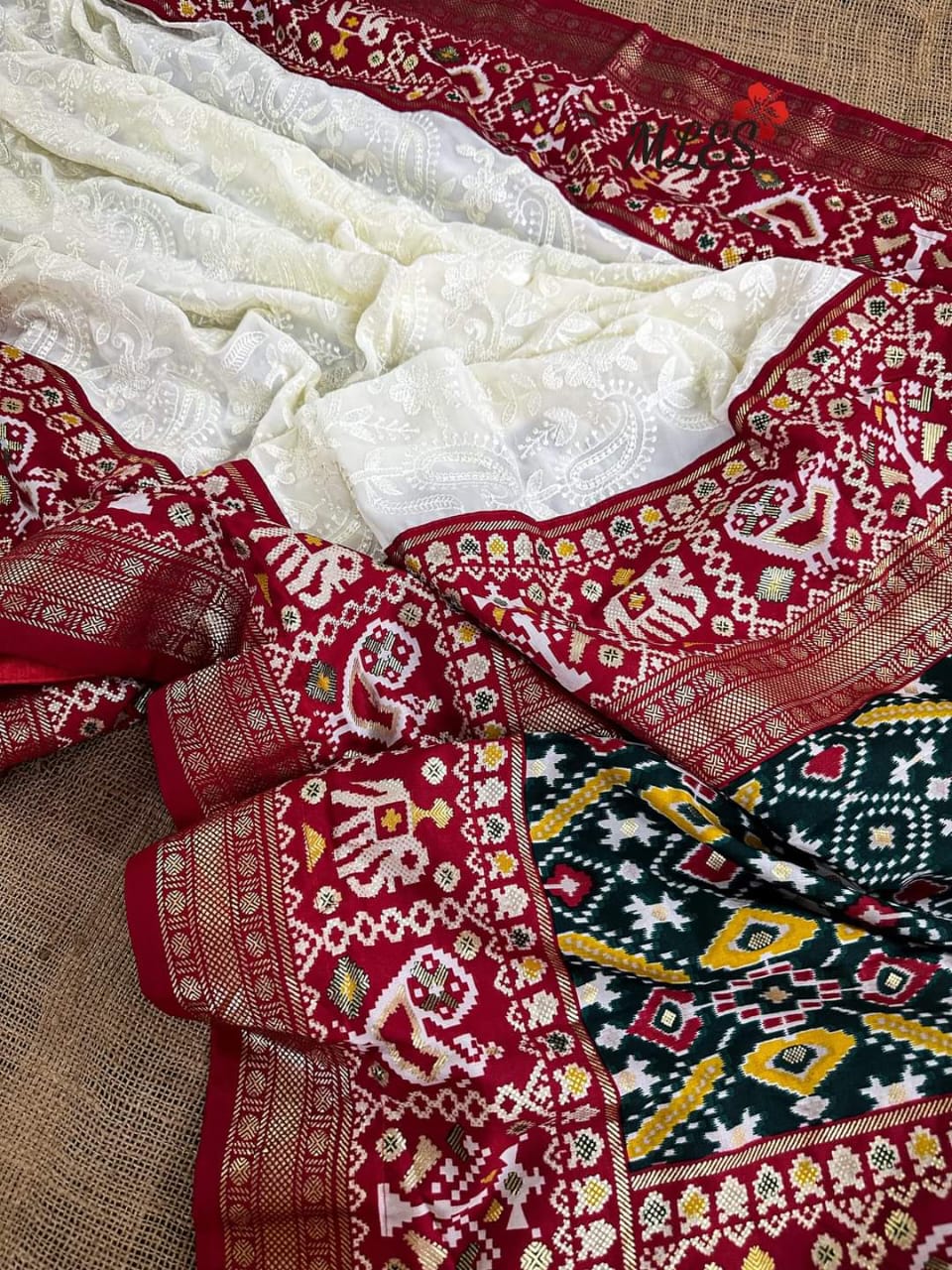 White-red chikankari X patola -Georgette saree