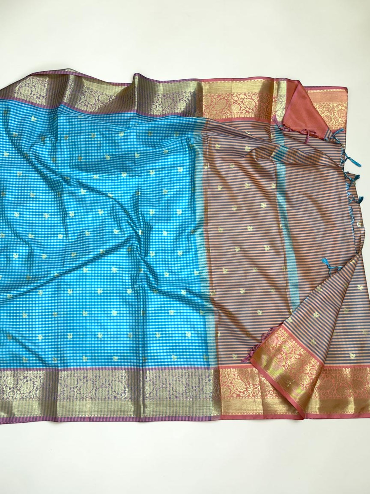 Blue checkered semi silk saree
