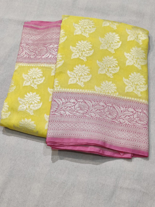 YELLOW-PINK BUTTA ART KHADDI GEORGETTE