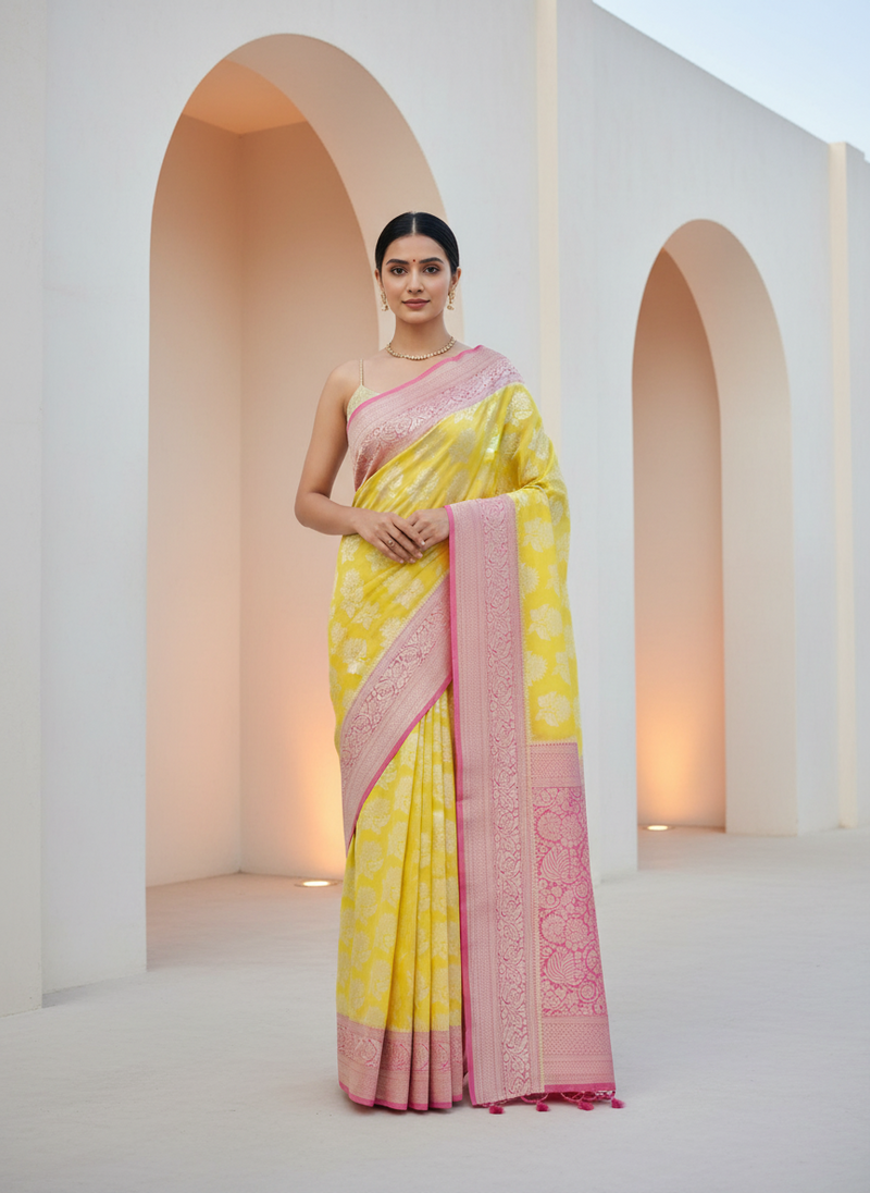 Yellow - pink art khaddi Georgette sari