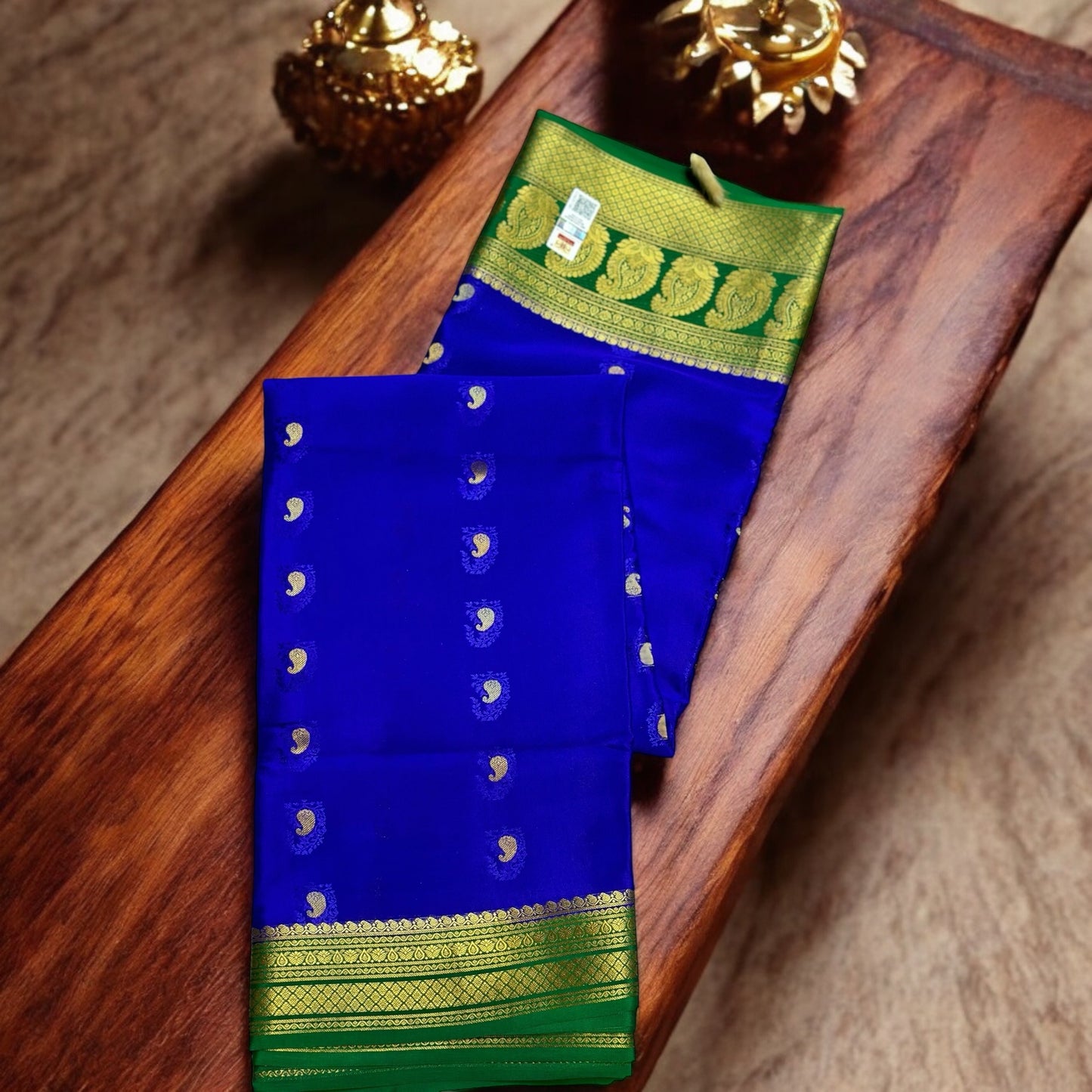 Indigo-peacock green mango embose butta pure crepe silk saree